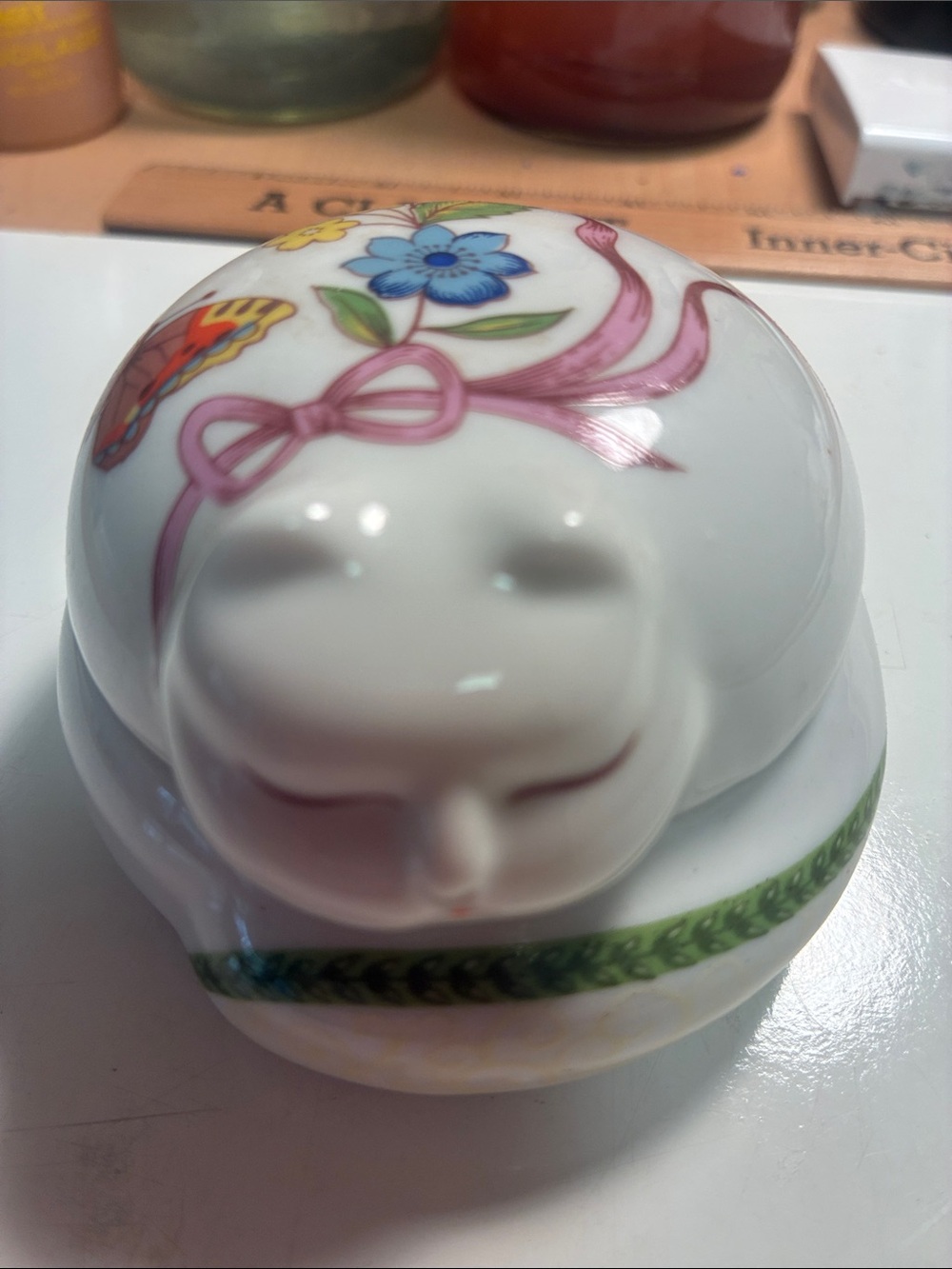 Decorative White Porcelain Cat Trinket Box with Floral Accents